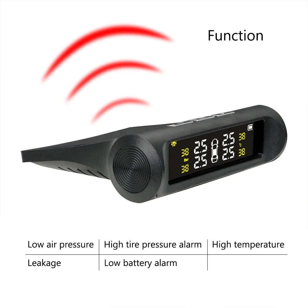 Solar TPMS with 4 Sensors – Wireless Car Tire Pressure Monitoring System with Digital LCD Display & Auto Alarm