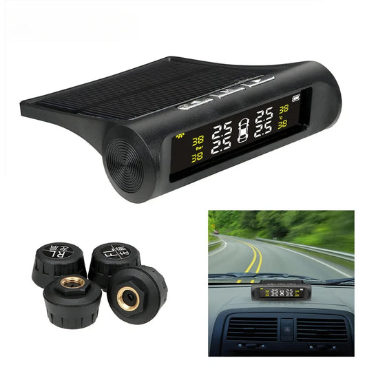 Solar TPMS with 4 Sensors – Wireless Car Tire Pressure Monitoring System with Digital LCD Display & Auto Alarm