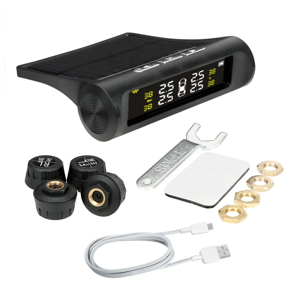 Solar TPMS with 4 Sensors – Wireless Car Tire Pressure Monitoring System with Digital LCD Display & Auto Alarm
