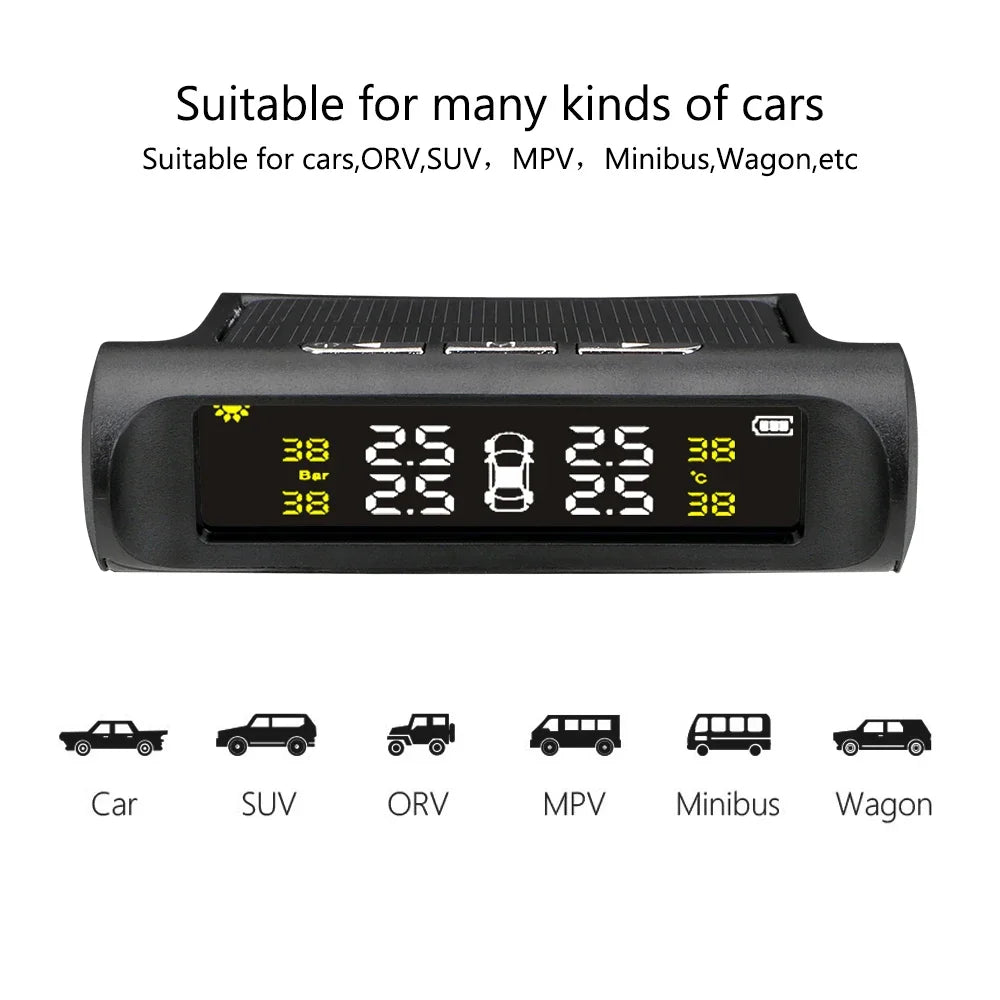 Solar TPMS with 4 Sensors – Wireless Car Tire Pressure Monitoring System with Digital LCD Display & Auto Alarm