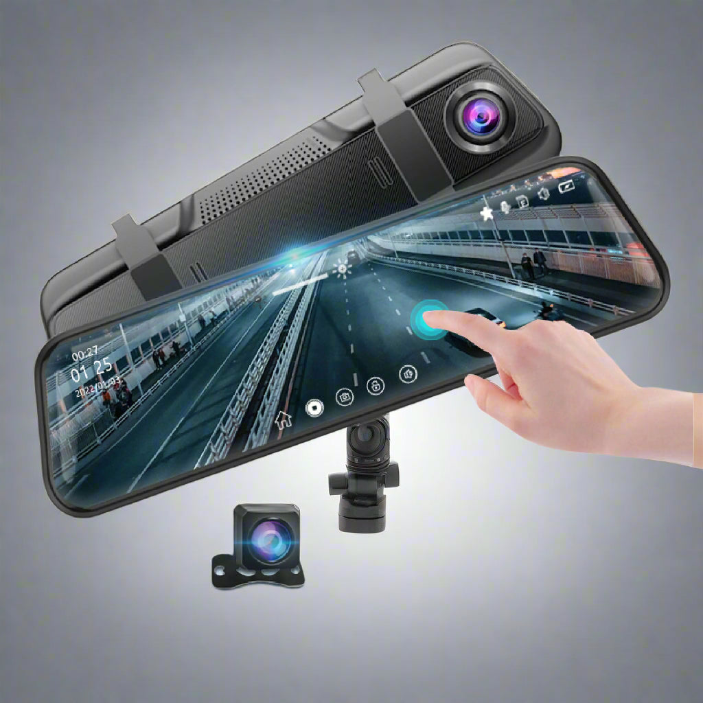 Car dashboard camera with touch screen and dual camera setup on a white background