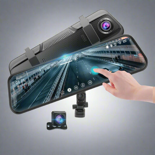 Car dashboard camera with touch screen and dual camera setup on a white background