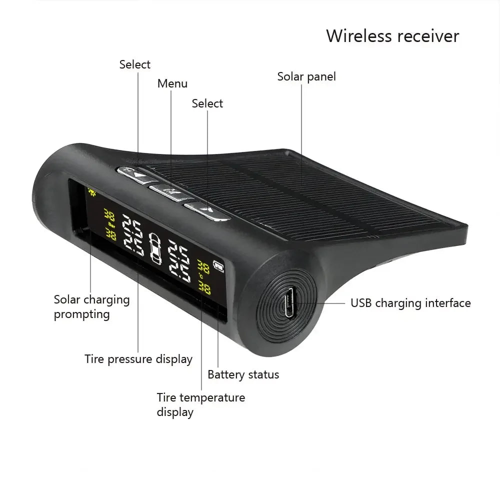 Solar TPMS with 4 Sensors – Wireless Car Tire Pressure Monitoring System with Digital LCD Display & Auto Alarm