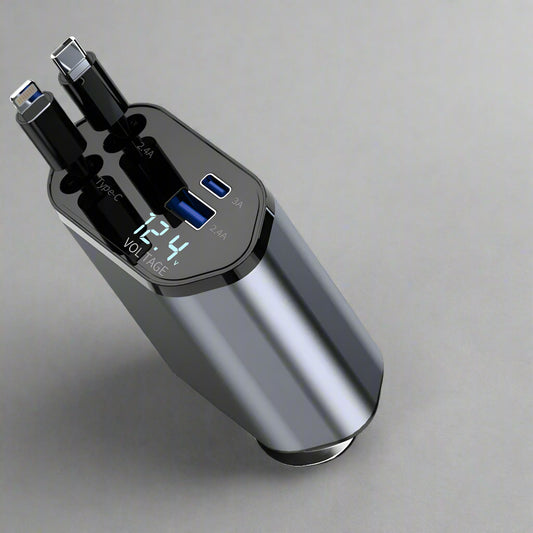 Car charger with digital display in a car's USB port, featuring text about flexibility and fast charging.