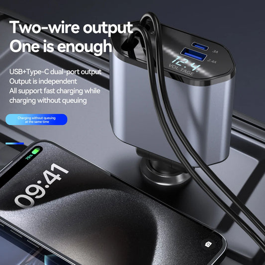 120W 4-in-1 Retractable Car Charger – Fast USB Type-C Adapter with Cigarette Lighter Socket for iPhone, Xiaomi, Samsung & Huawei